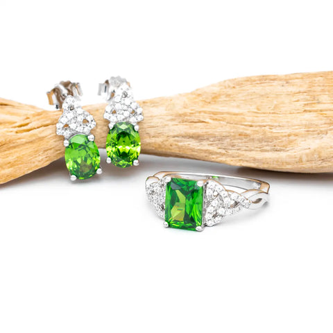 Silver Trinity Knot Ring and Earrings Gift Set with Green Cubic Zirconia