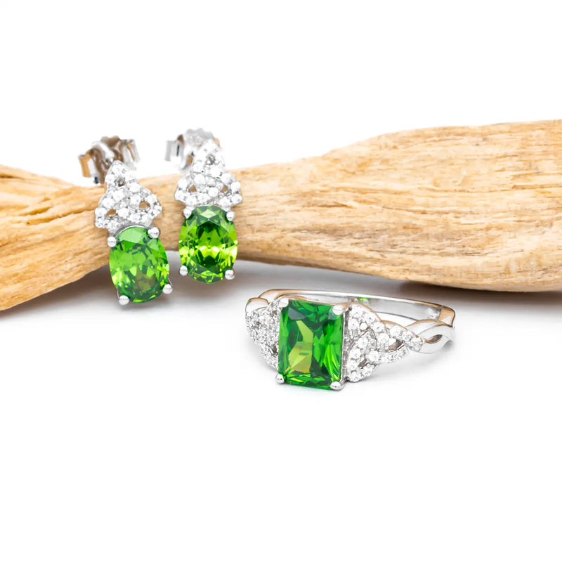 Silver Trinity Knot Ring and Earrings Gift Set with Green Cubic Zirconia