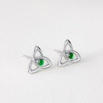 Silver Trinity Knot Stud Earrings With Green Crystals