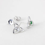 Silver Trinity Knot Stud Earrings With Green Crystals