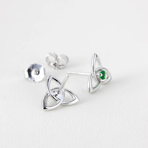 Silver Trinity Knot Stud Earrings With Green Crystals