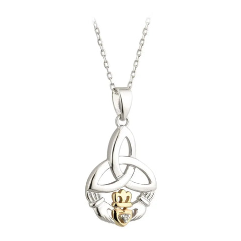 Gold & Silver Claddagh Trinity Knot Pendant Adorned With Diamond