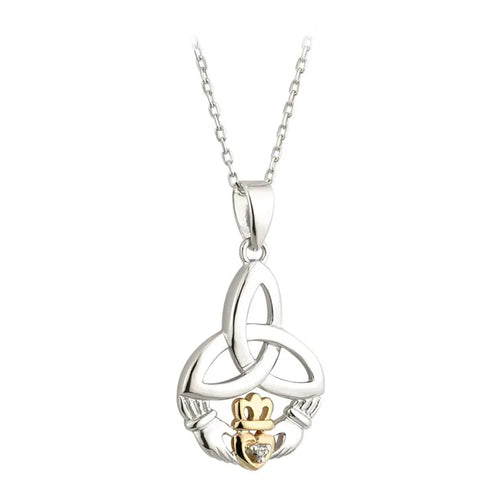 Gold & Silver Claddagh Trinity Knot Pendant Adorned With Diamond