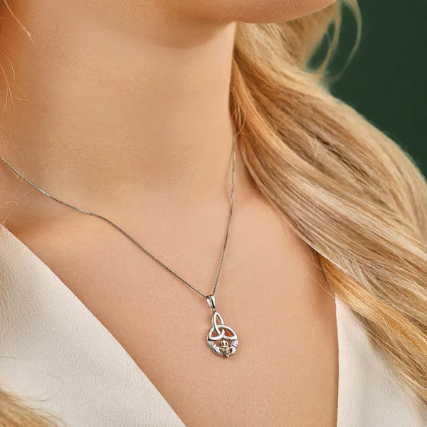 Gold & Silver Claddagh Trinity Knot Pendant Adorned With Diamond