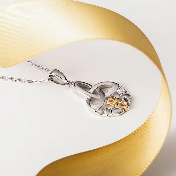 Gold & Silver Claddagh Trinity Knot Pendant Adorned With Diamond