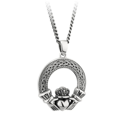 Mens Oxidized Sterling Silver Celtic Claddagh Pendant