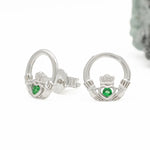 Sterling Silver Claddagh Earrings With Green Crystal Centerpiece
