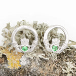 Sterling Silver Claddagh Earrings With Green Crystal Centerpiece