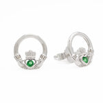 Sterling Silver Claddagh Earrings With Green Crystal Centerpiece