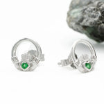 Sterling Silver Claddagh Earrings With Green Crystal Centerpiece
