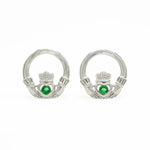Sterling Silver Claddagh Earrings With Green Crystal Centerpiece