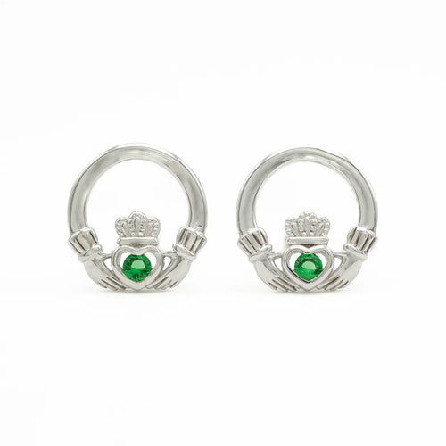 Sterling Silver Claddagh Earrings With Green Crystal Centerpiece