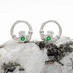 Sterling Silver Claddagh Earrings With Green Crystal Centerpiece