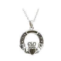 Connemara Marble & Marcasite Claddagh Pendant in Sterling Silver
