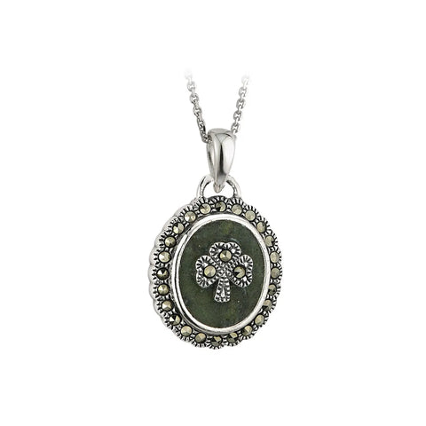 Marcasite & Connemara Marble Oval Shamrock Pendant