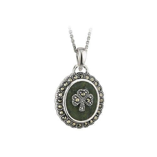 Marcasite & Connemara Marble Oval Shamrock Pendant