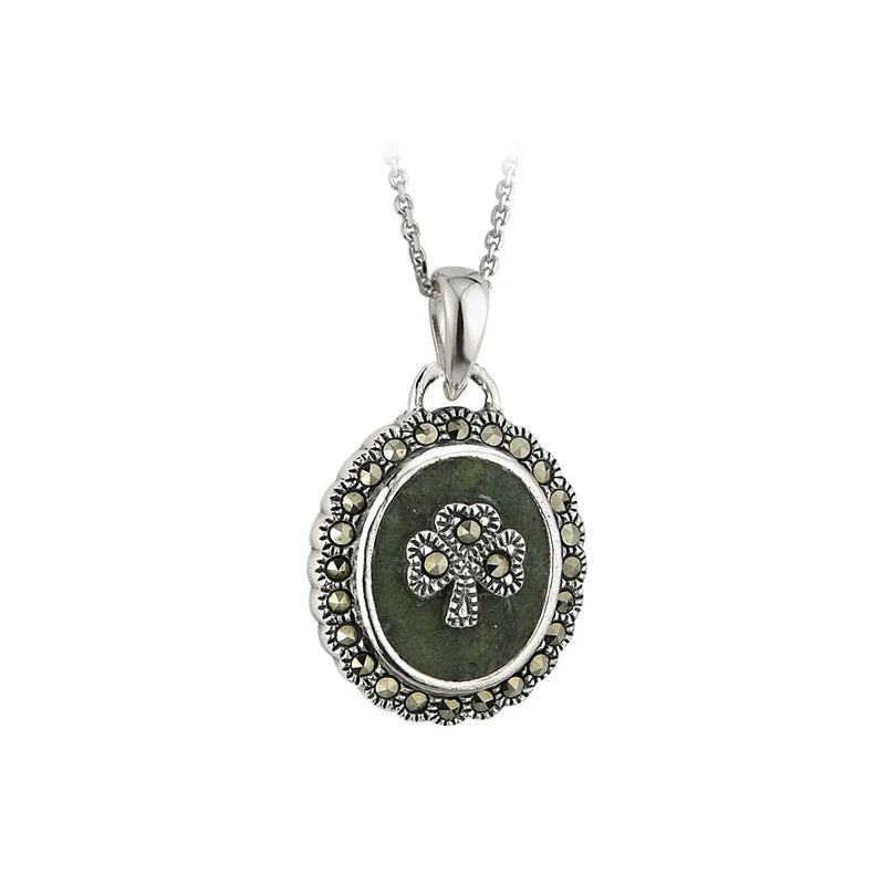 Marcasite & Connemara Marble Oval Shamrock Pendant