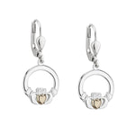 Sterling Silver Claddagh Drop Earrings with 10k Gold Heart