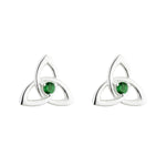 Silver Trinity Knot Stud Earrings With Green Crystals