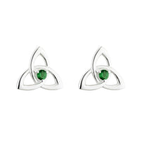 Silver Trinity Knot Stud Earrings With Green Crystals