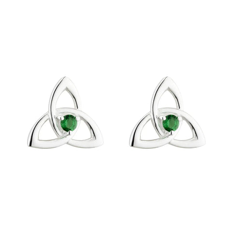 Silver Trinity Knot Stud Earrings With Green Crystals