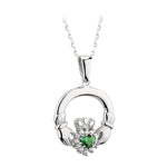 Silver Claddagh Necklace With Green Cubic Zirconia Heart