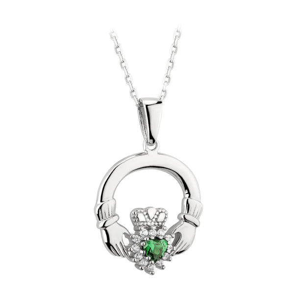 Silver Claddagh Necklace With Green Cubic Zirconia Heart