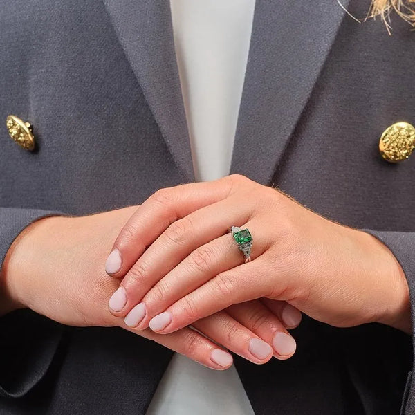 Silver Trinity Knot Ring With Green Crystal