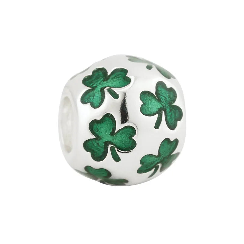 Green Enamel Irish Shamrock Bead in Sterling Silver