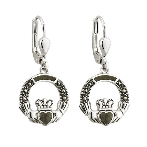 Connemara Marble & Marcasite Claddagh Earrings in Sterling Silver