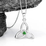 Silver Trinity Knot Necklace with Green Cubic Zirconia Crystal