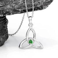 Silver Trinity Knot Necklace with Green Cubic Zirconia Crystal