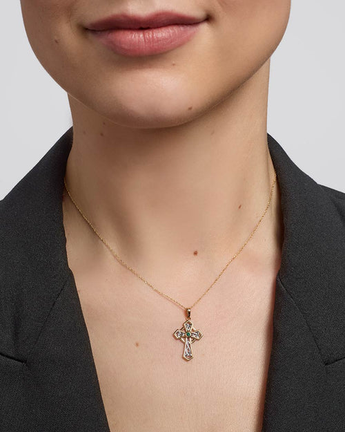 Two Tone Gold Emerald Celtic Cross Necklace