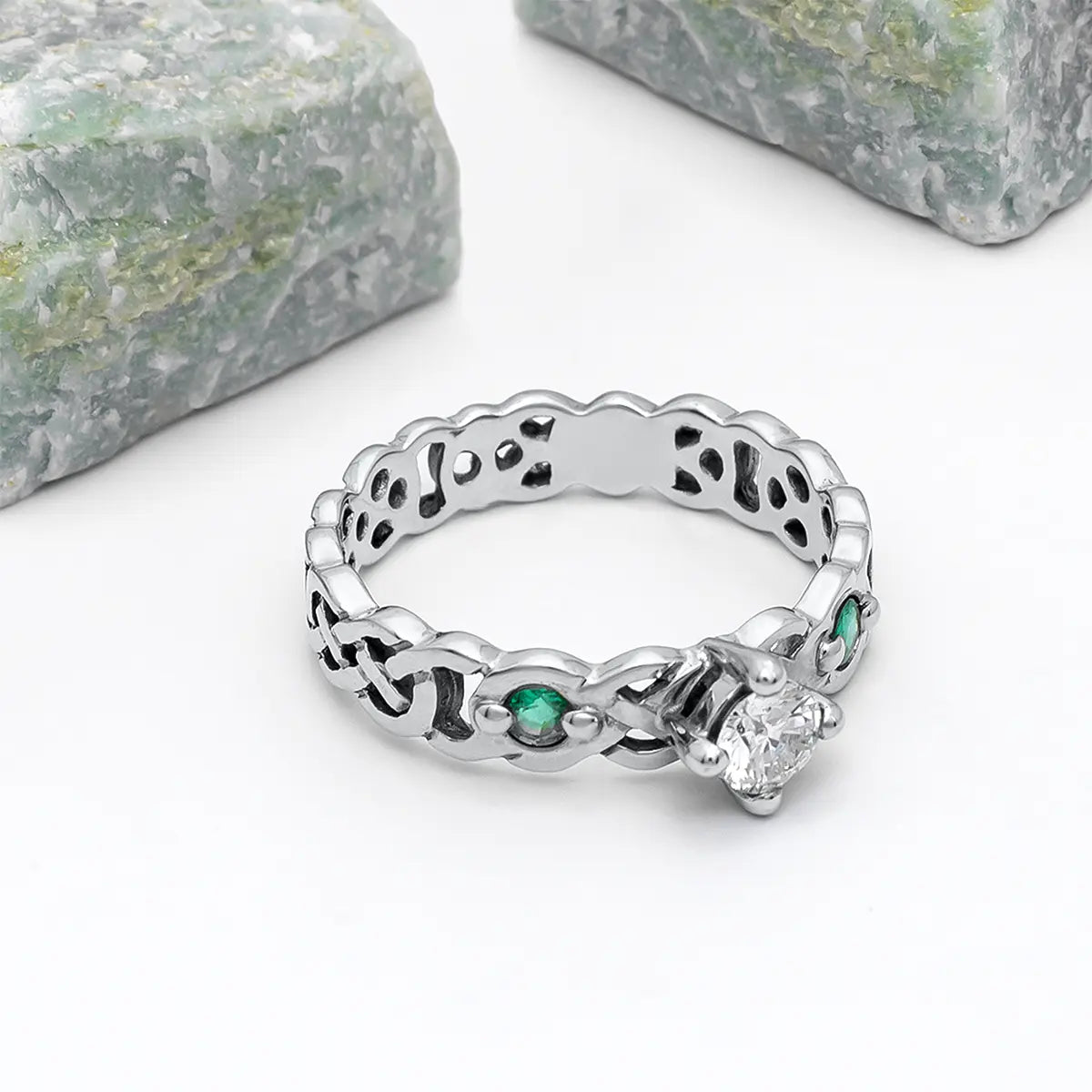 Celtic Knot Engagement Ring with Diamond and Emeralds – view 14