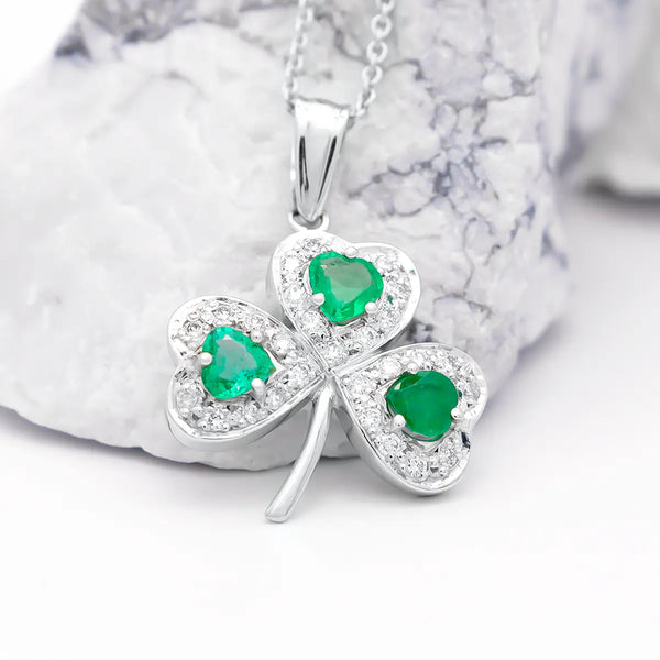 Gold Heartshaped Emerald And Diamond Shamrock Pendant