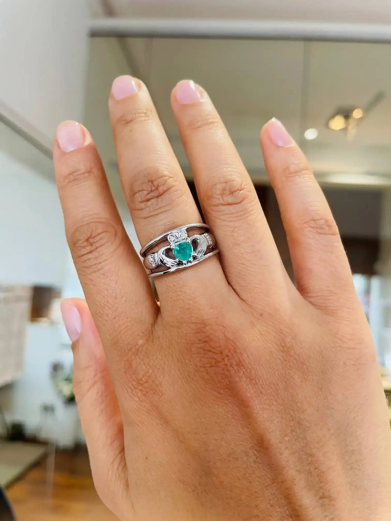 Emerald and Diamond Wide-Band Claddagh Ring