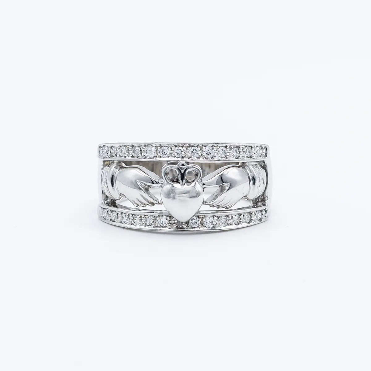 White Gold Wide Band Claddagh Ring with Diamonds – view 3