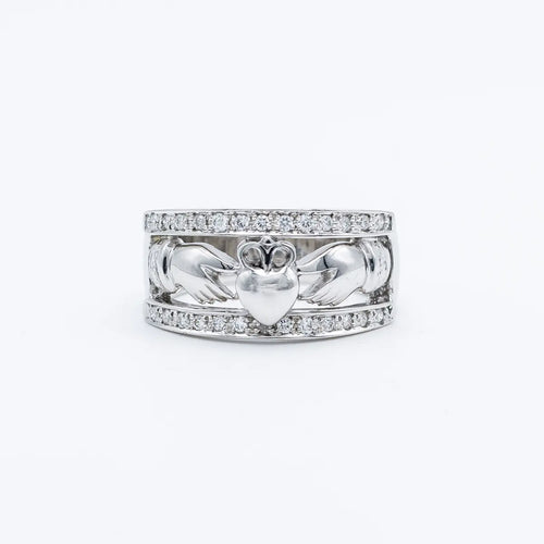 White Gold Wide Band Claddagh Ring with Diamonds