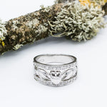 White Gold Wide Band Claddagh Ring with Diamonds