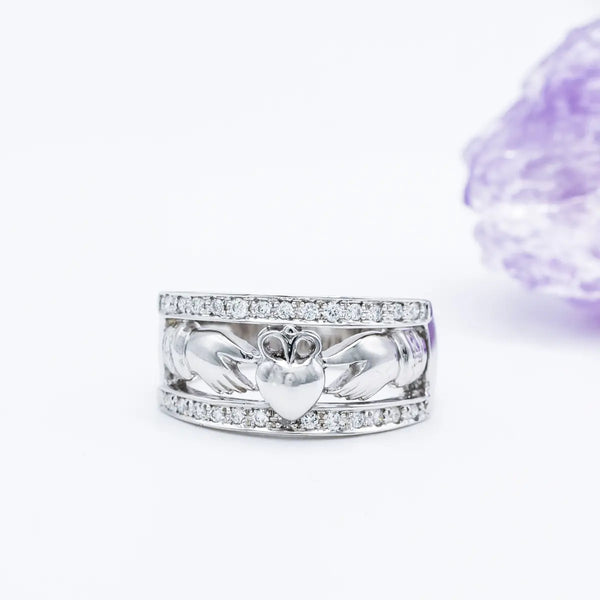 White Gold Wide Band Claddagh Ring with Diamonds