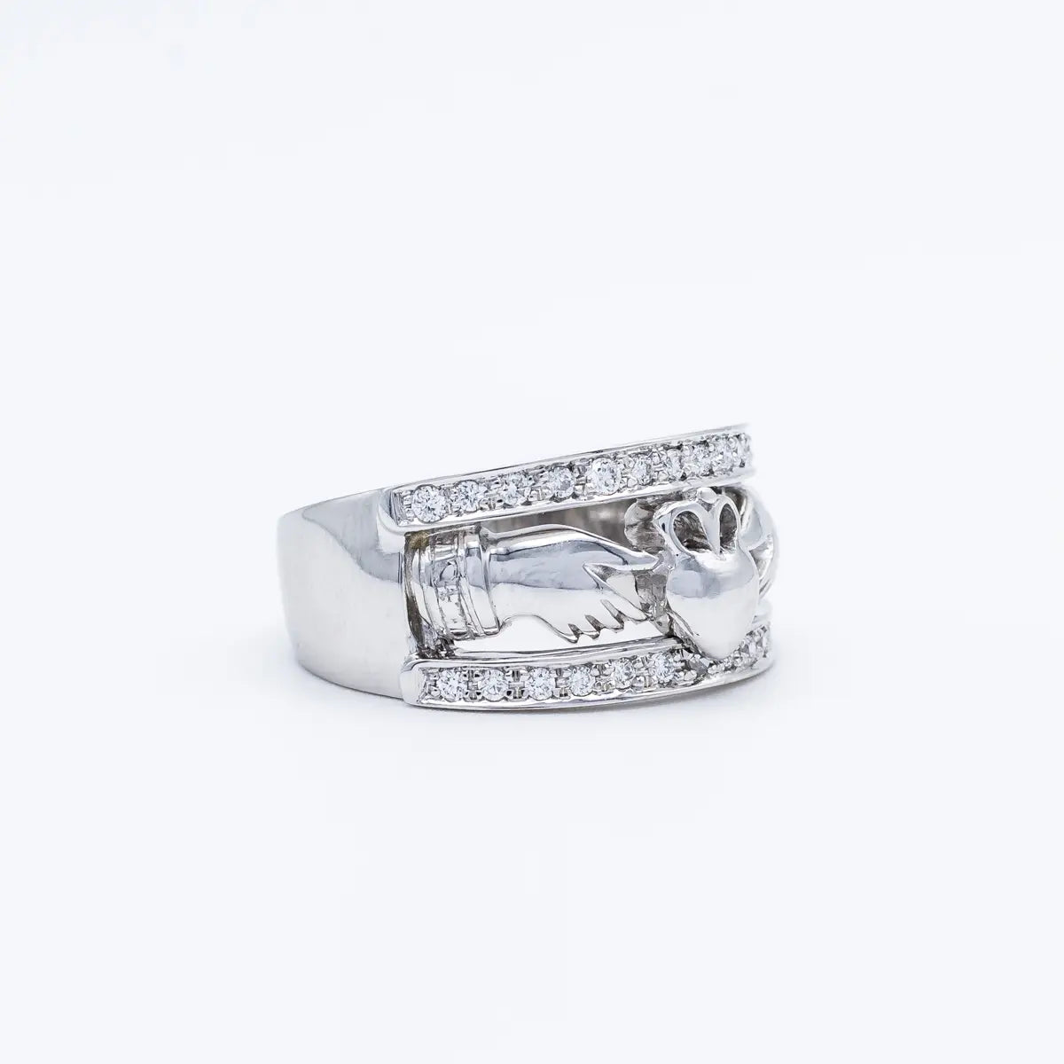 White Gold Wide Band Claddagh Ring with Diamonds – view 4