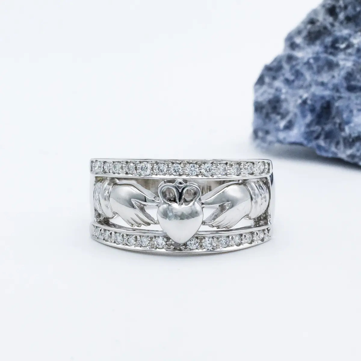 Ladies Wide-Band Claddagh Ring With Precious Gemstones – view 3