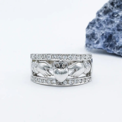 Ladies Wide-Band Claddagh Ring With Precious Gemstones